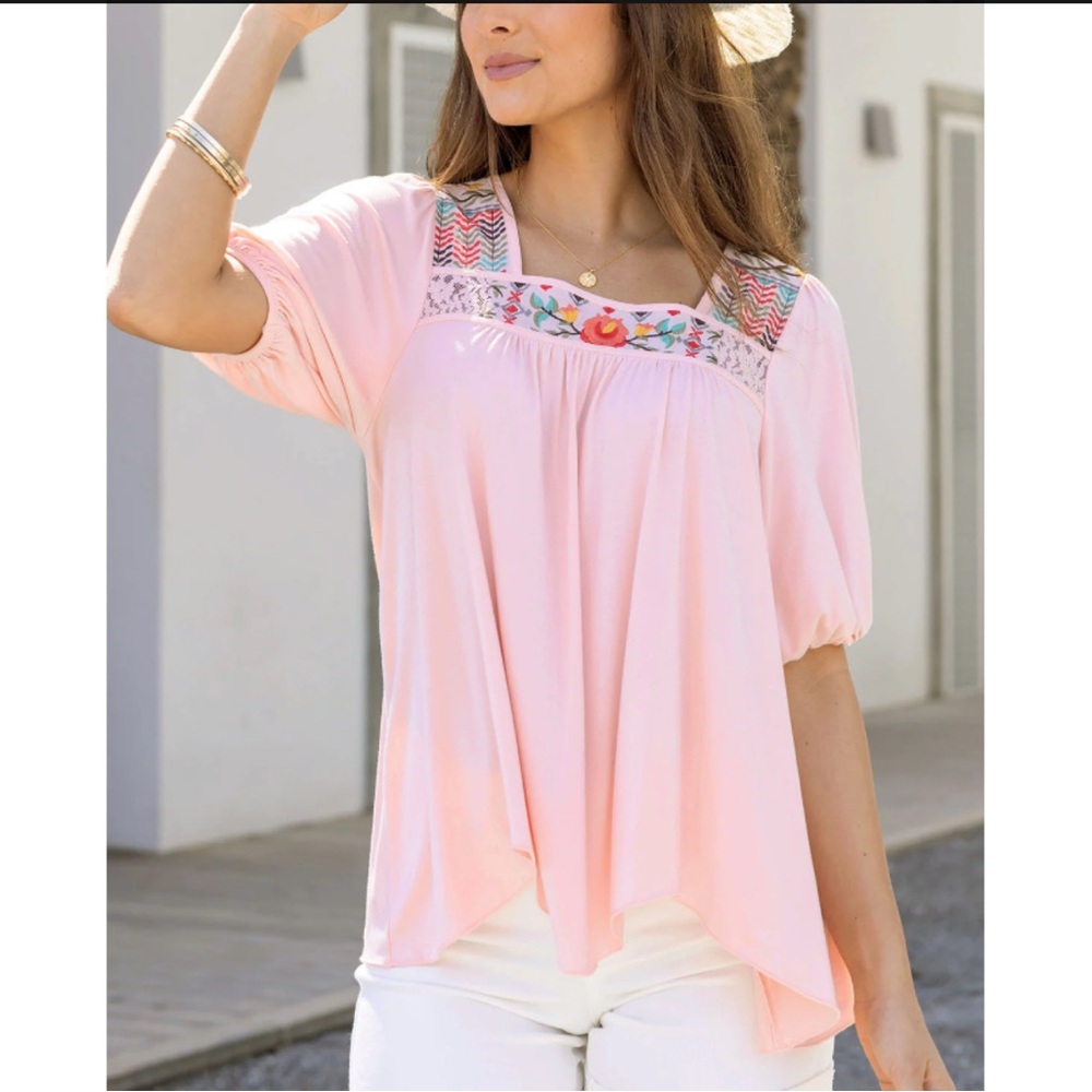Grace & Lace Island Embroidered Pink Women's Top